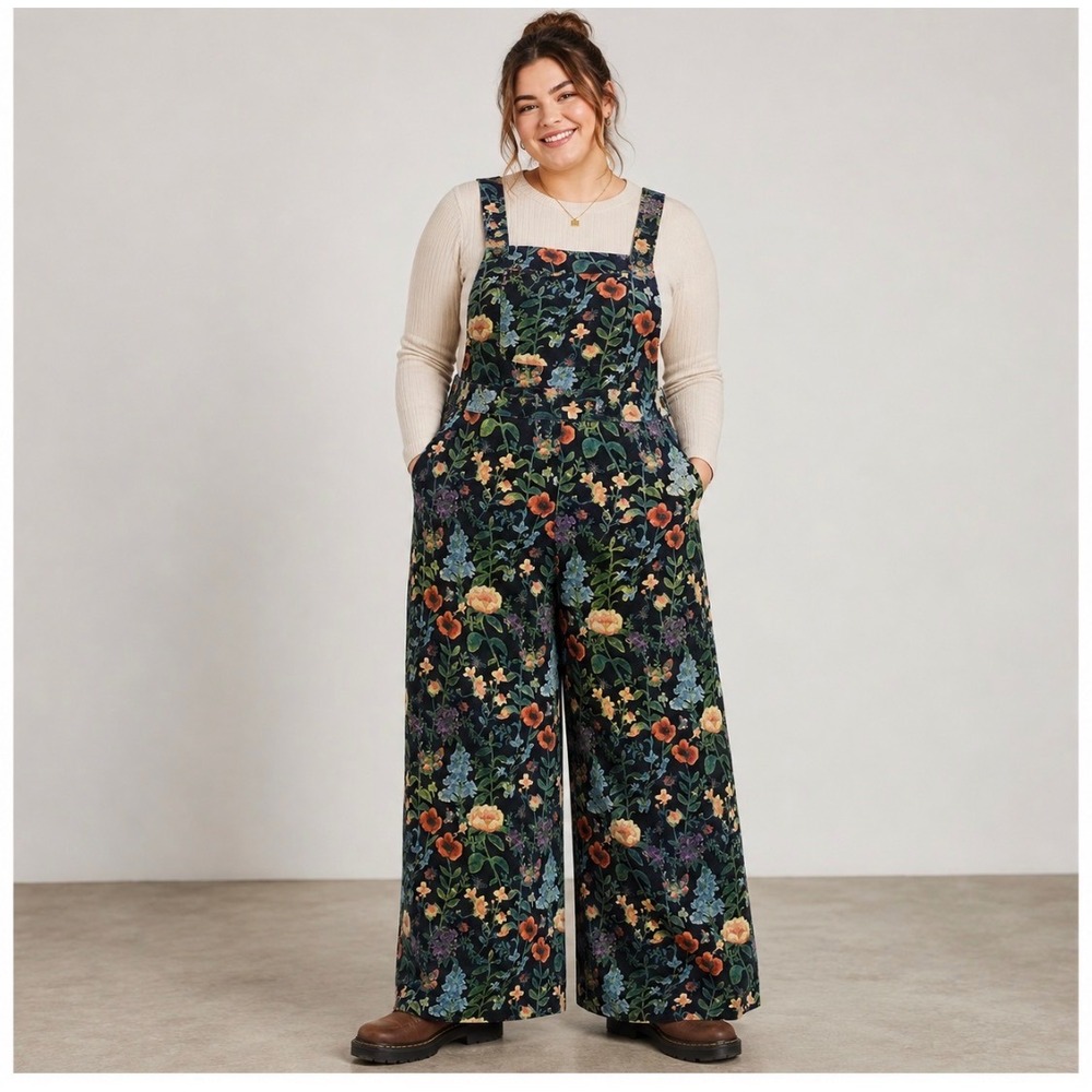 Cider Women Corduroy Overalls Wide Leg Plus 1XL Black Floral Cottage Garden Boho